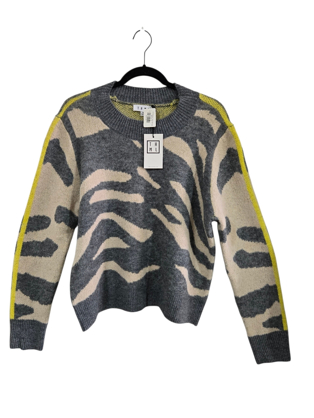 THML Zebra Pattern Crewneck Sweater Cream Gray Yellow Stripe Sleeve M New